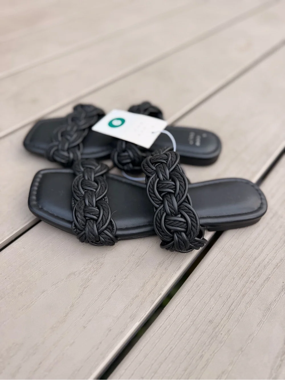 Black Braided Double Strap Open Toe Slide Sandals Flat Shoes